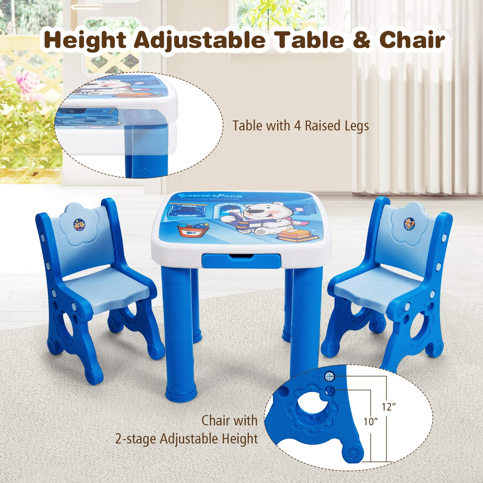 Costzon Kids Table and Chair Set, 3-Piece Toddler Activity Table and Chairs with Storage Drawer