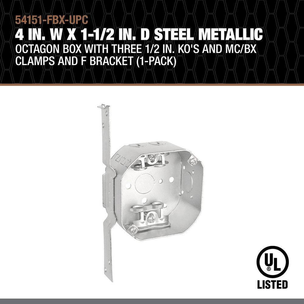 Southwire 4 in. W x 1-12 in. D Steel Metallic Octagon Box with Three 12 in. KO's and MCBX Clamps and F Bracket (1-Pack) 54151-FBX-UPC