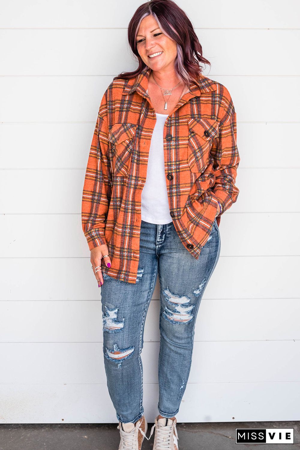 Orange Plus Size Plaid Pocketed Long Sleeve Shirt