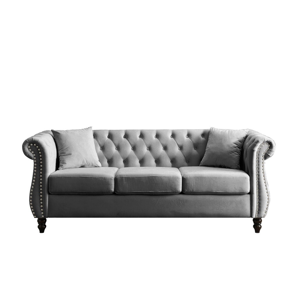 Velvet Upholstered Chesterfield Sofa Set Ergonomic Nailheads Couches Set with Removable Cushions for Livingroom