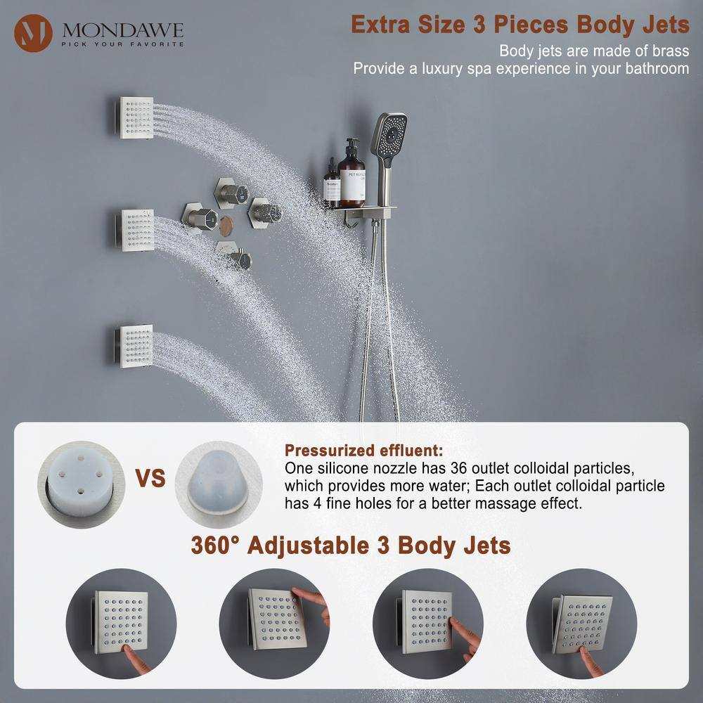 Mondawe Andalusia Multiple 7-Spray Patterns 12 in. Ceiling Mount Rain Dual Shower Heads with 2.5 GPM 3-Jet Valve in Nickel MD6067-BN