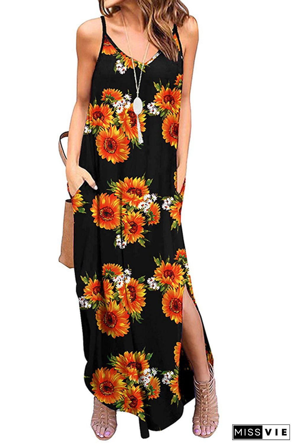 Sling V-Neck Sunflower Dress