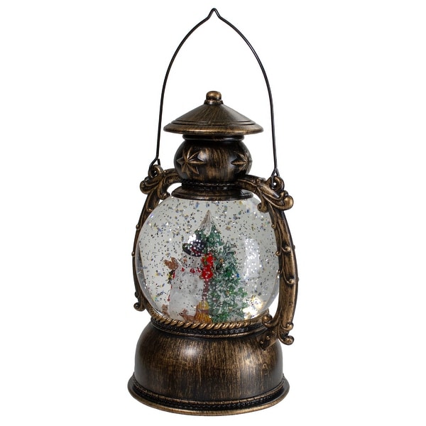 8Inch Black with Brushed Gold LED Snowman and Christmas Trees Snow Globe Lantern