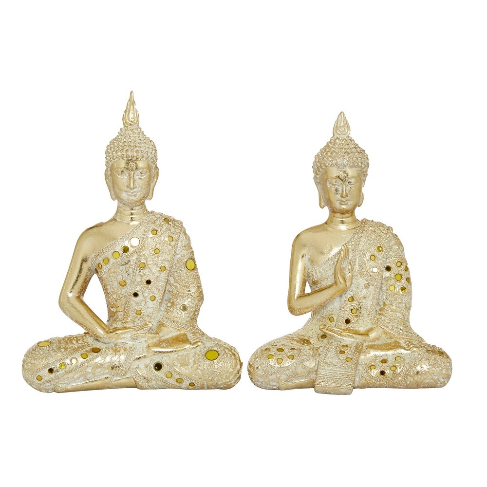 Gold Polystone Meditating Buddha Sculpture with Engraved Carvings and Relief Detailing (Set of 2)   8 x 5 x 10 and 8 x 4 x 11