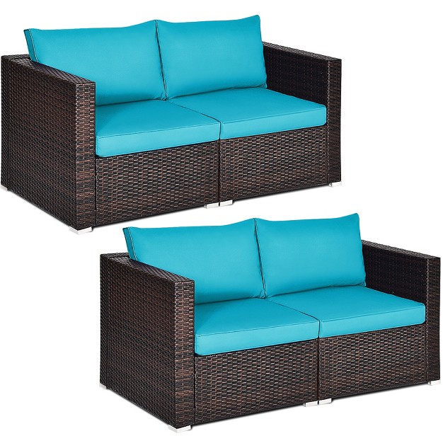 Costway 4pcs Patio Rattan Corner Sofa With Blue Cushion