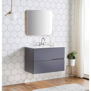 Comllen 36 in. W x 18 in. D x 24 in. H Dark Gray Modern Wall Mounted Bathroom Vanity with White Porcelain Sink Top COMSE02SH90E3