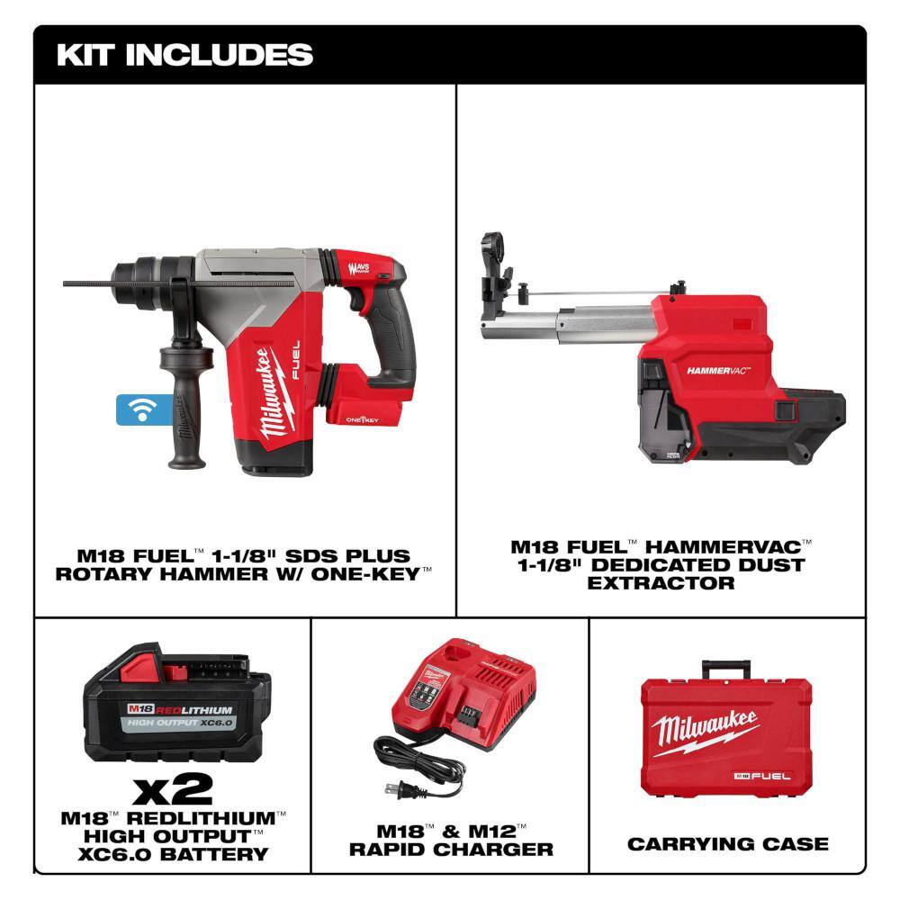 MW M18 FUEL 18V Lithium-Ion Brushless 1-18 in. Cordless SDS-Plus Rotary HammerDust Extractor Kit Two 6.0Ah Batteries 2915-22DE