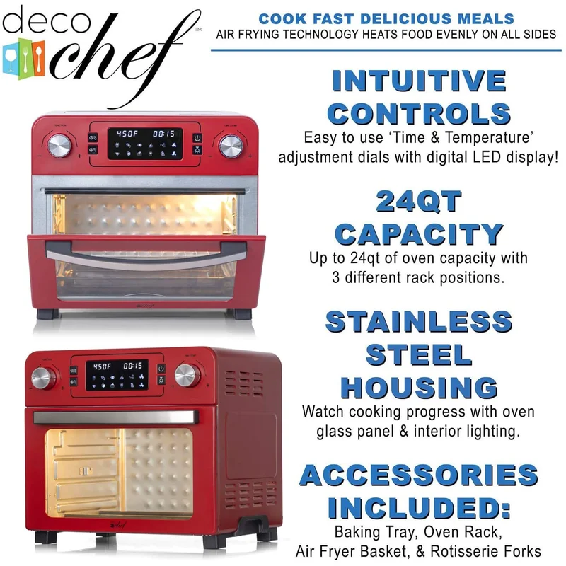 Deco Chef TQAIRRED 24 QT Red Stainless Steel Countertop 1700 Watt Toaster Oven with Built-in Air Fryer and Included Rotisserie Assembly， Grill Rack， Frying Basket， and Baking Pan