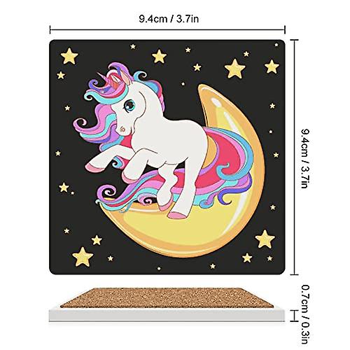 Colourlife Square Drink Coasters 4 Pcs Unicorn With Moon And Stars Absorbent Ceramic Coffee Coasters For Drinks With Cork Base Housewarming Gift For H