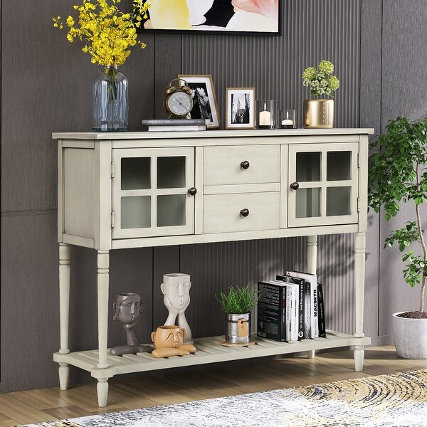 Farmhouse Distressed Sideboard Buffet Console Table with 2 Glass Front Cabinets， 2 Drawers and Slatted Bottom Shelf