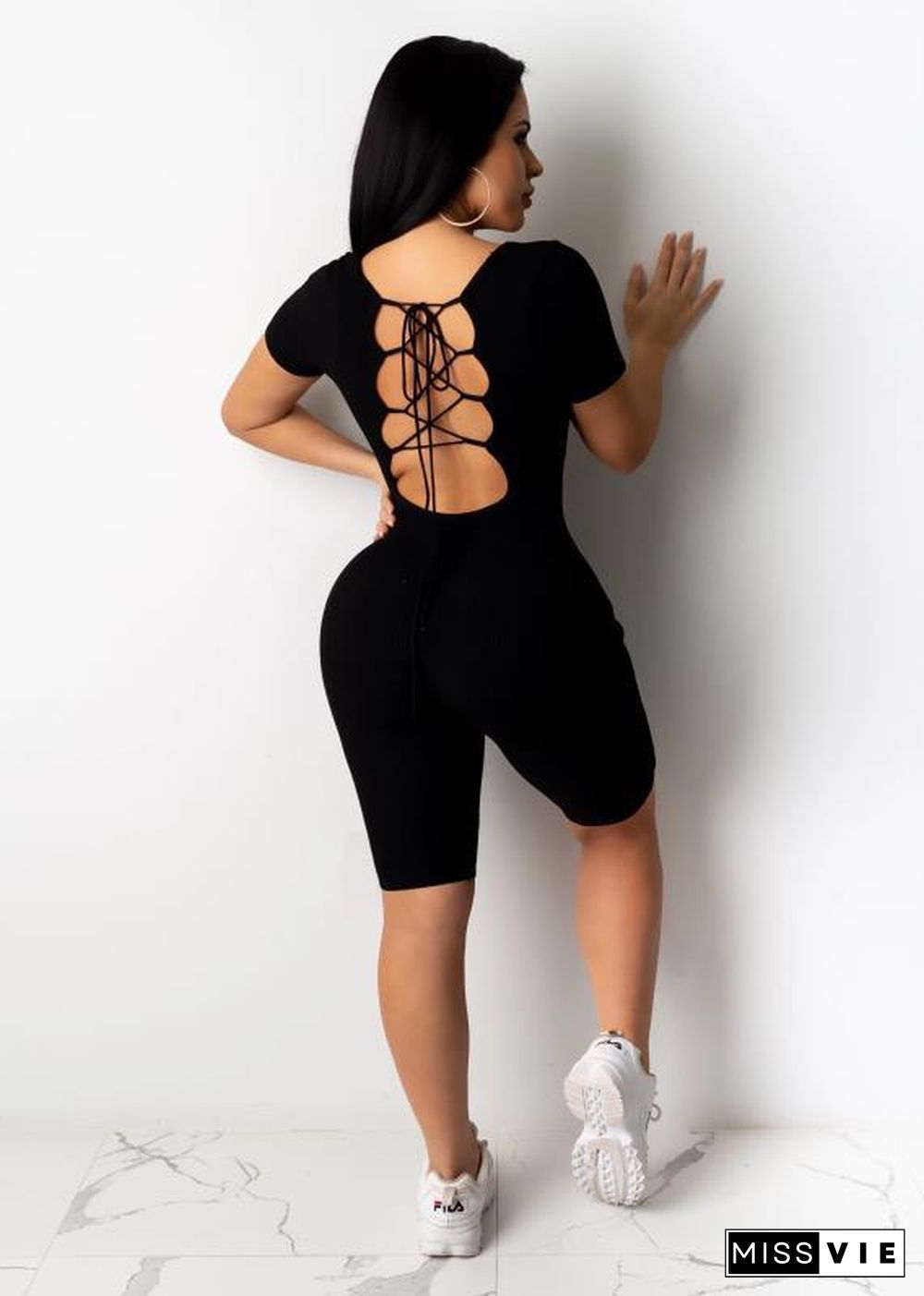 Sexy Backless Solid Color Short Sleeves Onesies Romper