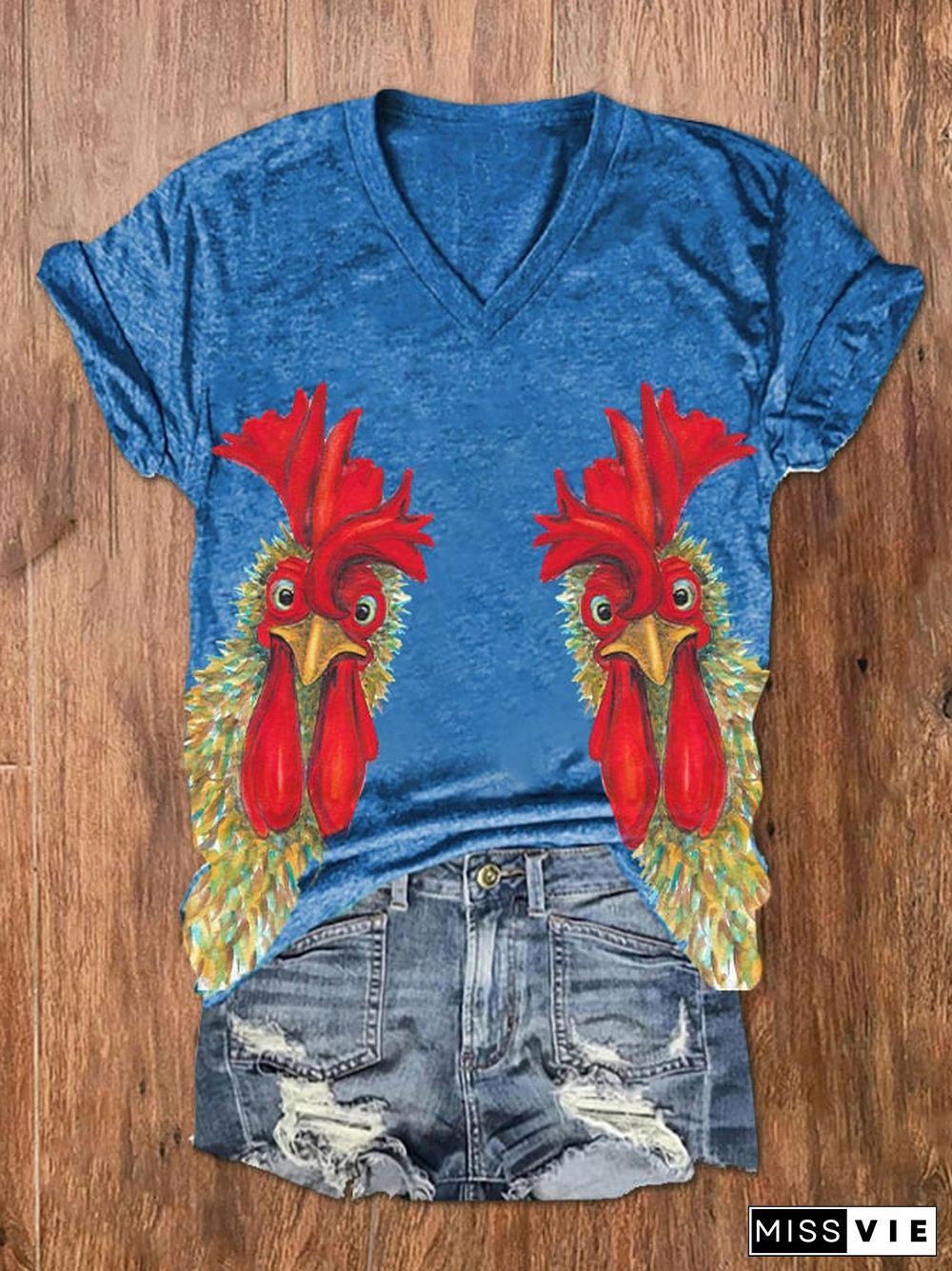 Women's Chicken Print V-Neck Short Sleeve T-Shirt