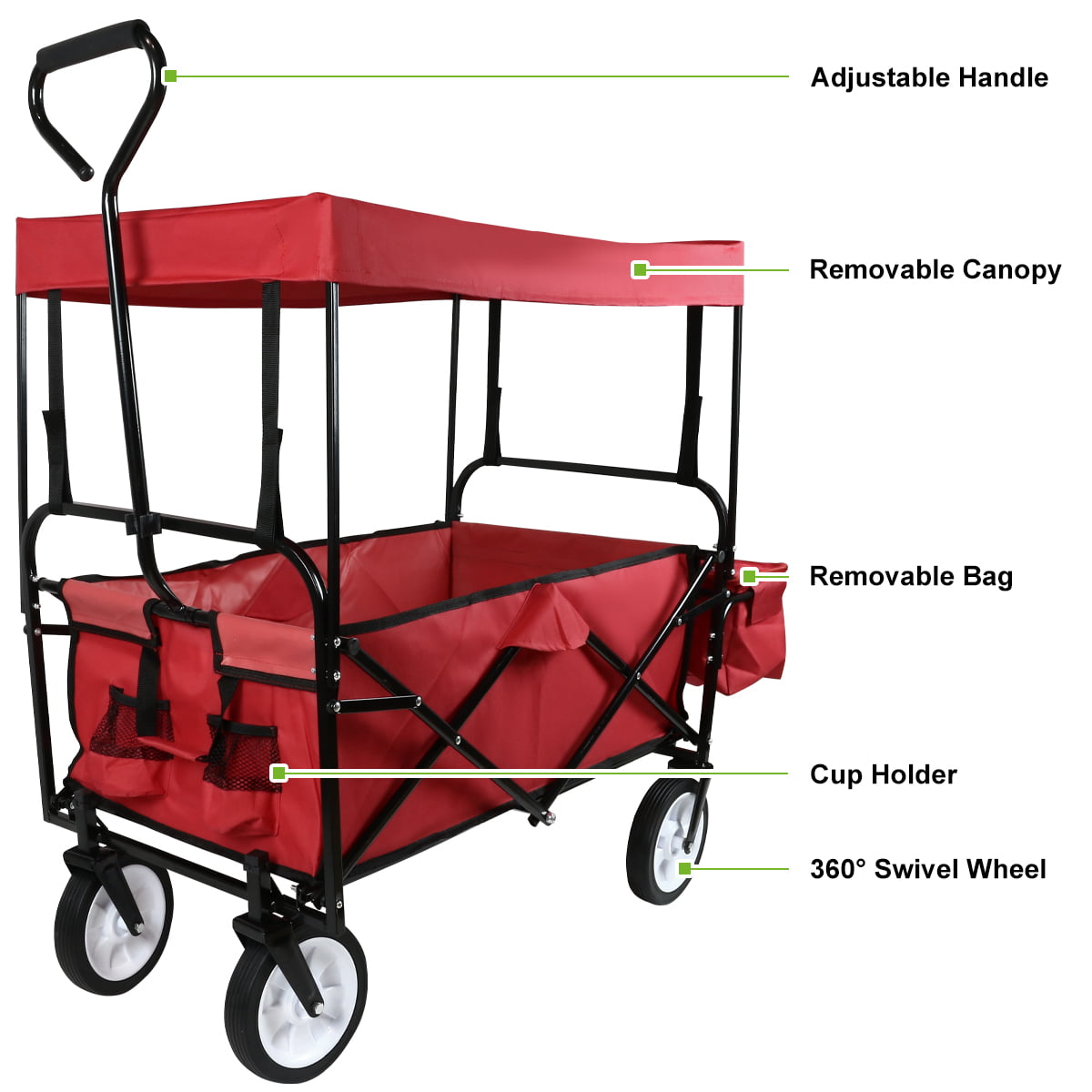 Geniqua Red Utility Collapsible Folding Wagon Cart w/Canopy Garden Beach Toy Sport Buggy