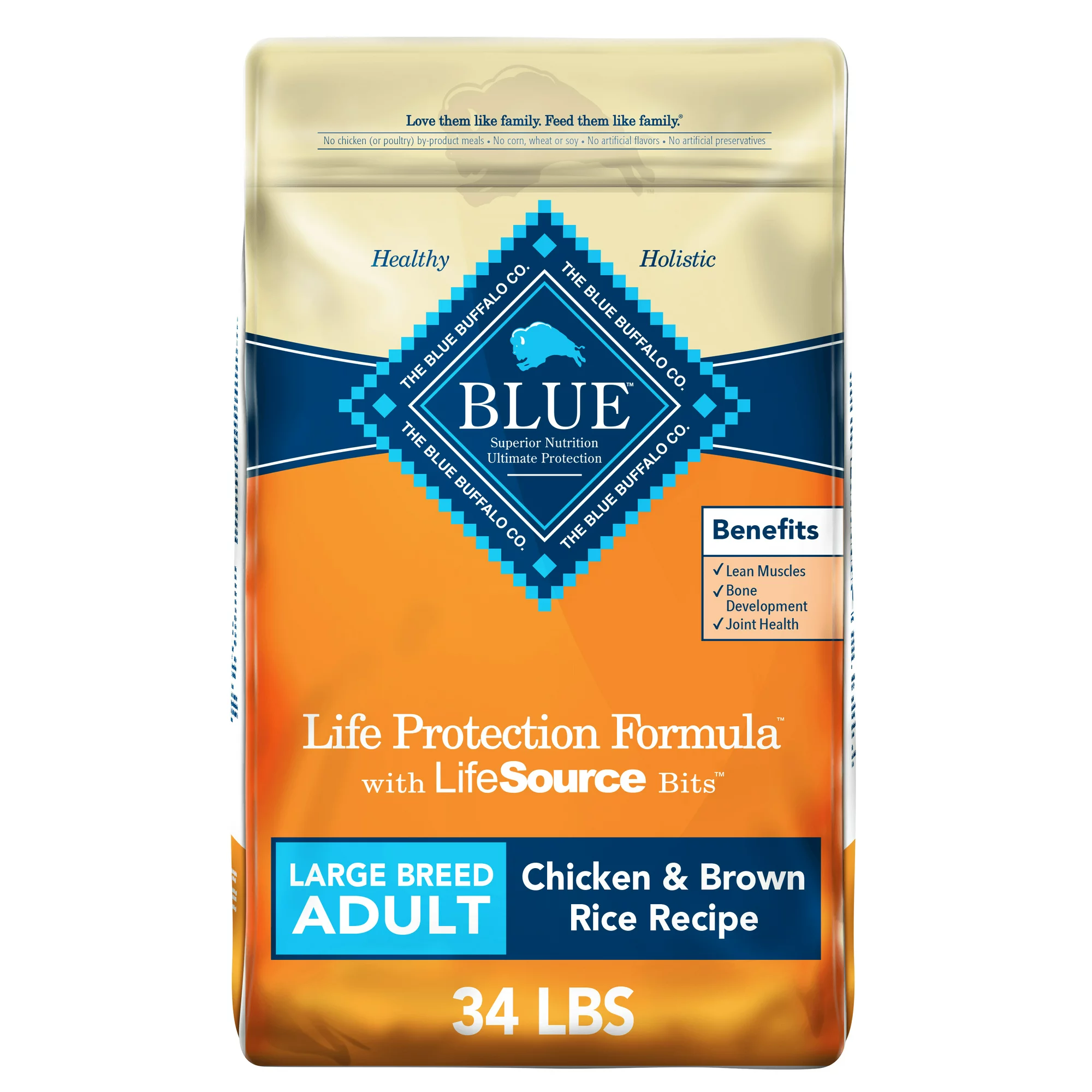 Blue Buffalo Life Protection Formula Chicken and Brown Rice Large Breed Dry Dog Food for Adult Dogs Whole Grain 34 lb. Bag