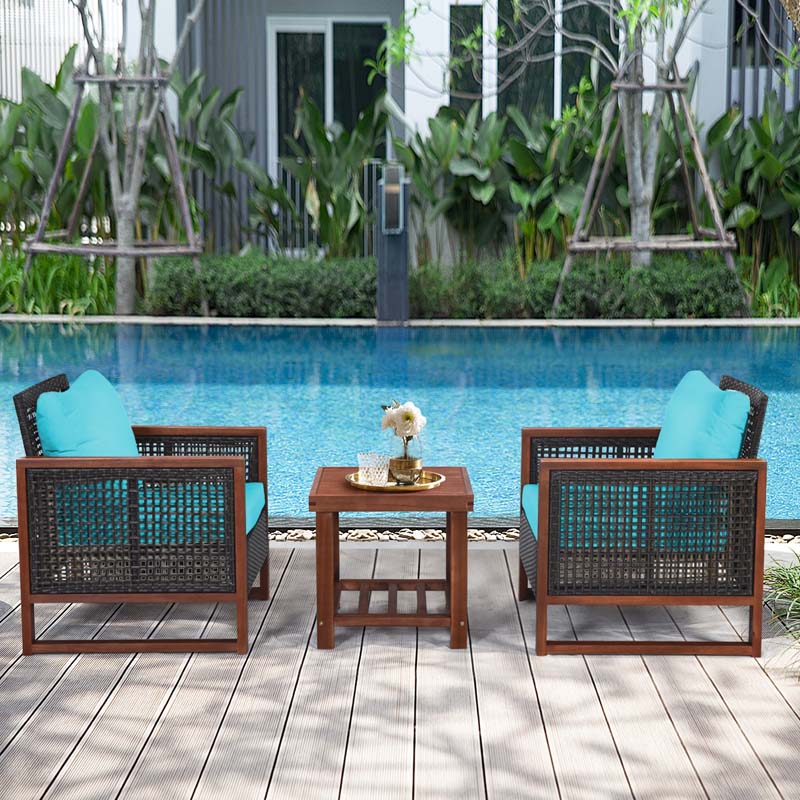 3 Pcs Rattan Patio Furniture Sofa Set Outdoor Conversation Bistro Set with Acacia Wooden Frame & Cushions