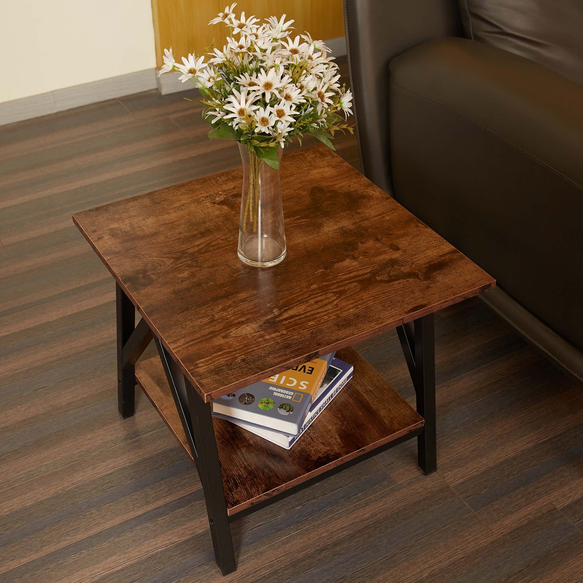 CO-Z Industrial Farmhouse Wood and Metal End Table with Storage Shelf