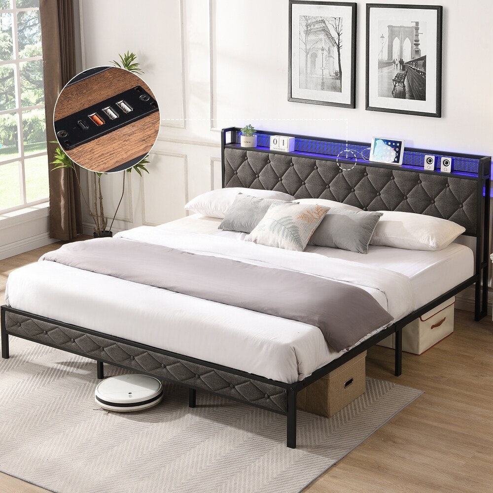 King Upholstered Bed with Storage Headboard Charging Station LED Lights