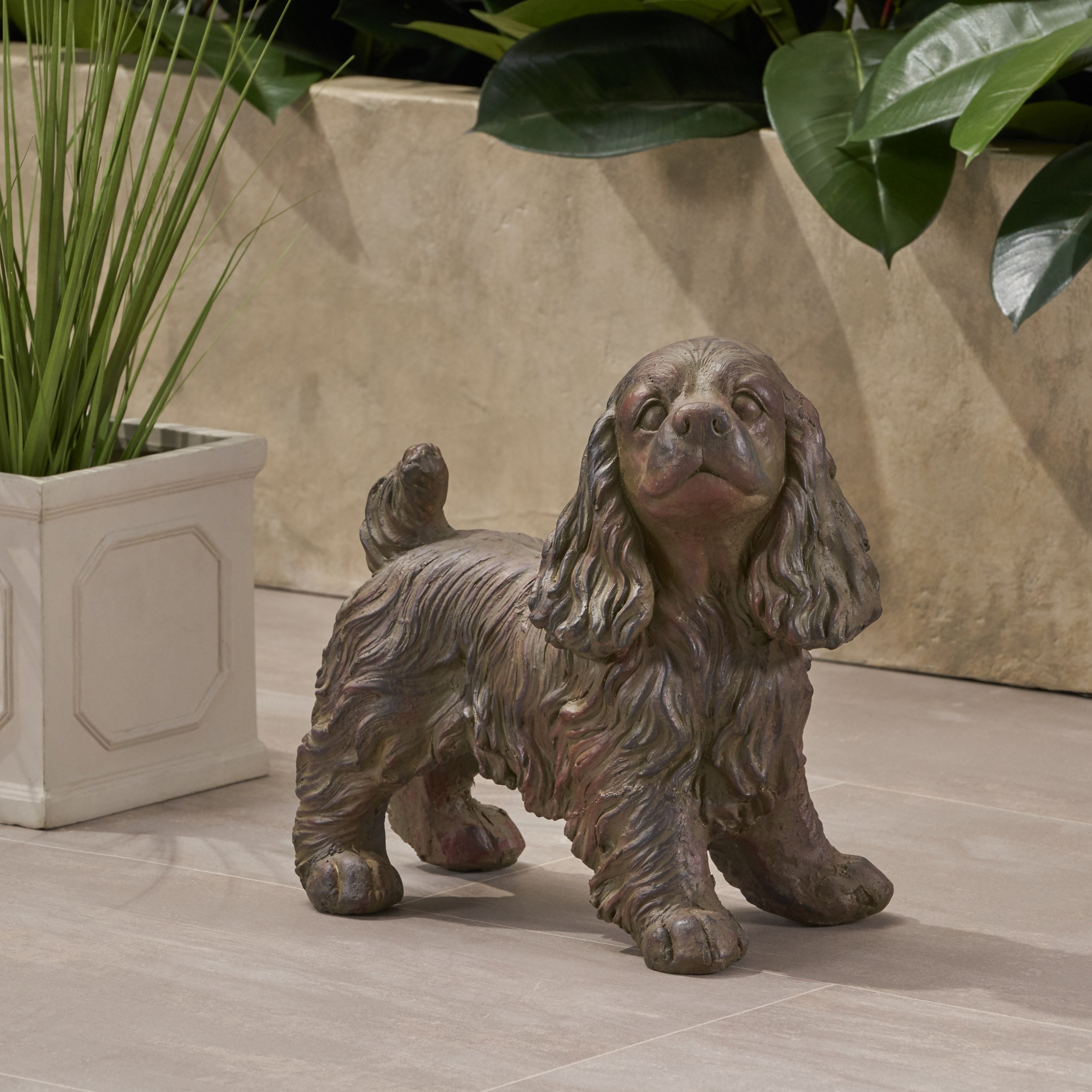 Messiah Outdoor Cocker Spaniel Dog Garden Statue, Brown Finish