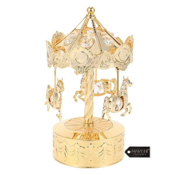 24K Gold Plated Music Box w/Crystal Studded Carousel Horse Figurine