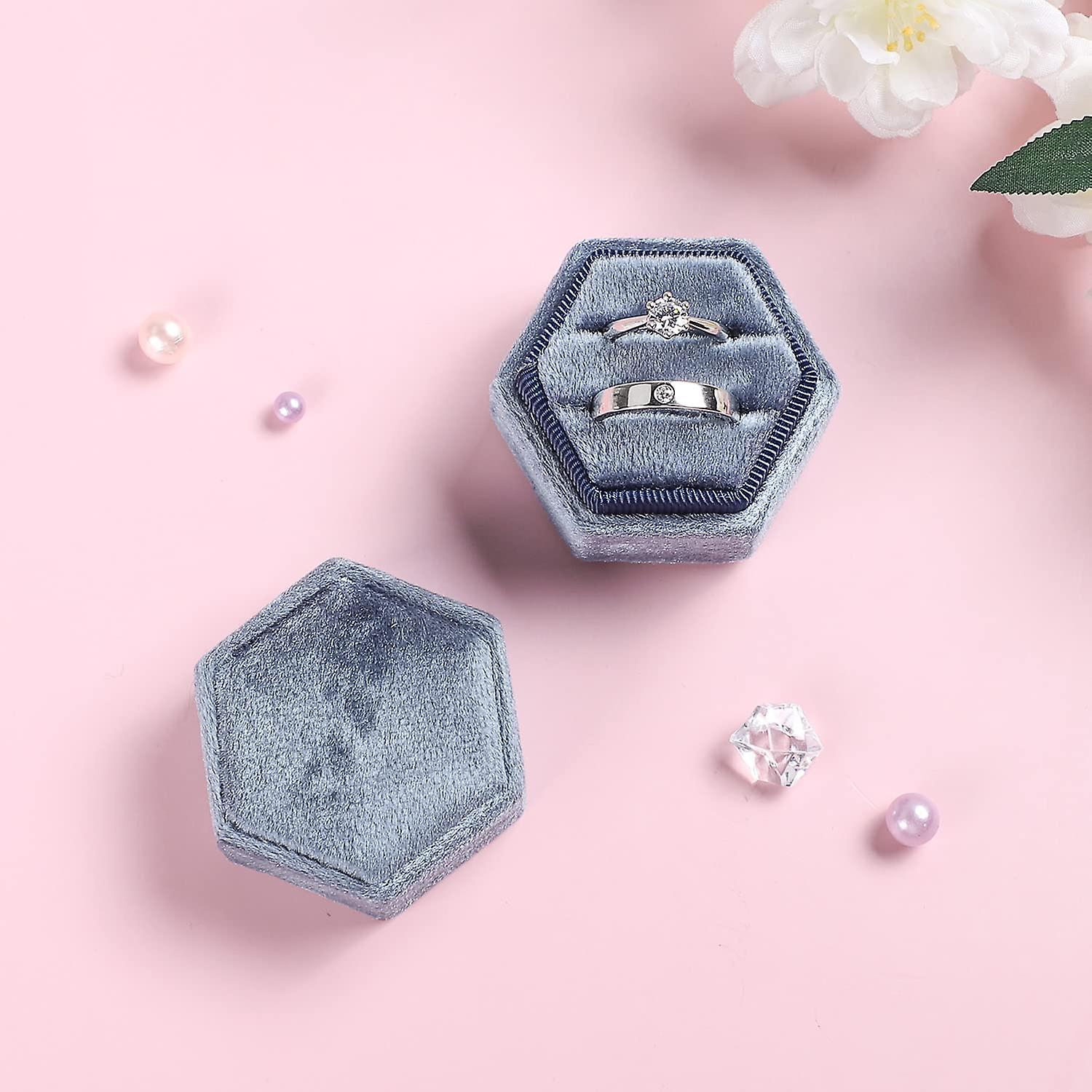 Velvet Jewelry Ring Box，hexagon Premium Gorgeous Vintage Double Ring Gift Box With Detachable Lid For Proposal Engagement Wedding Ceremony(haze Blue)