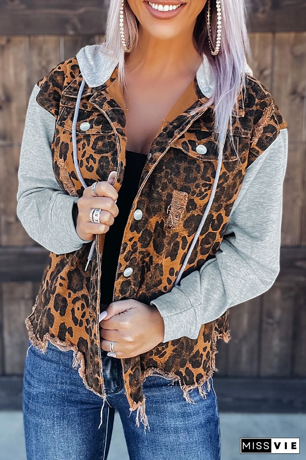 Leopard Ripped Hooded Denim Jacket