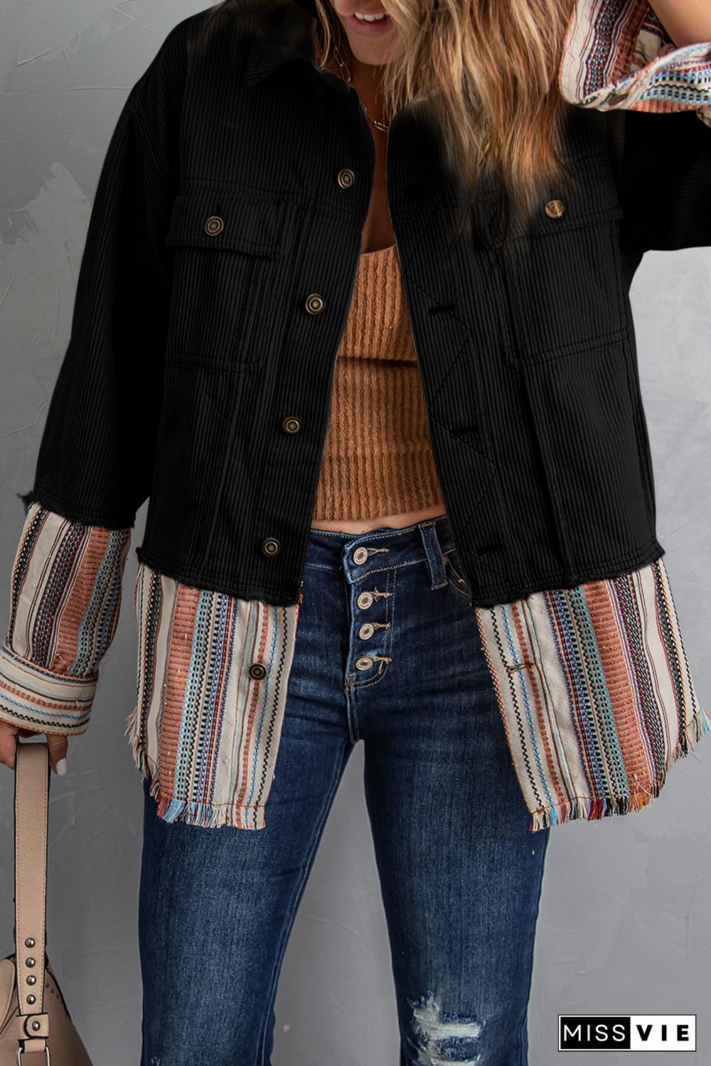 Black Button Up Pockets Striped Color Block Corduroy Jacket