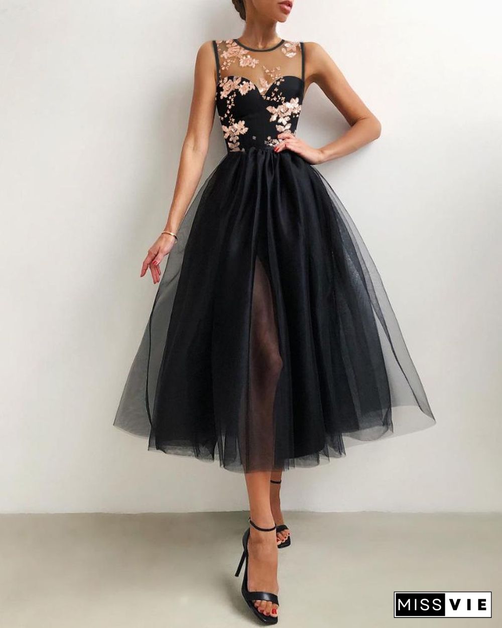 Flower Embroidered Mesh Slit Front Evening Dress