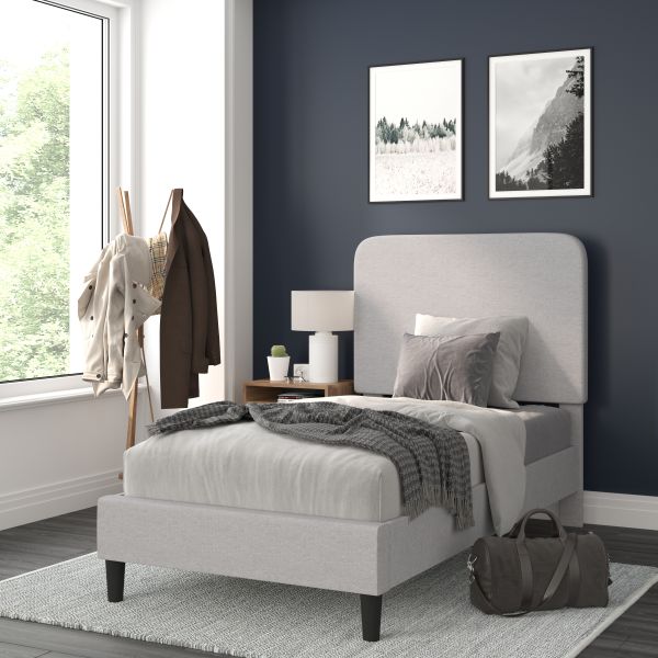 Addison Light Grey Twin Fabric Upholstered Platform Bed - Headboard with Rounded Edges - No Box Spring or Foundation Needed