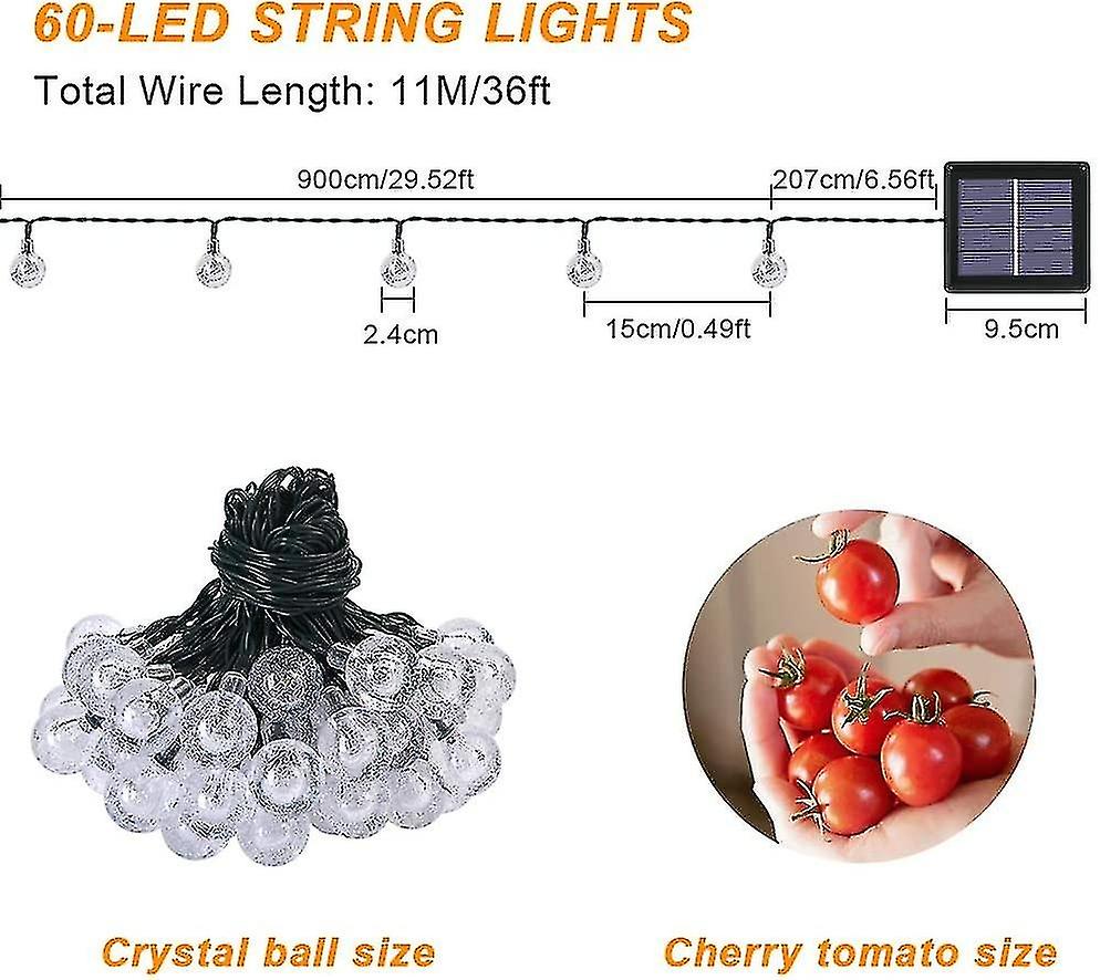 Solar String Lights， Garden Lights (60 Leds 8 Modes) 11m / 36ft Crystal Balls， Outdoor Waterproof La