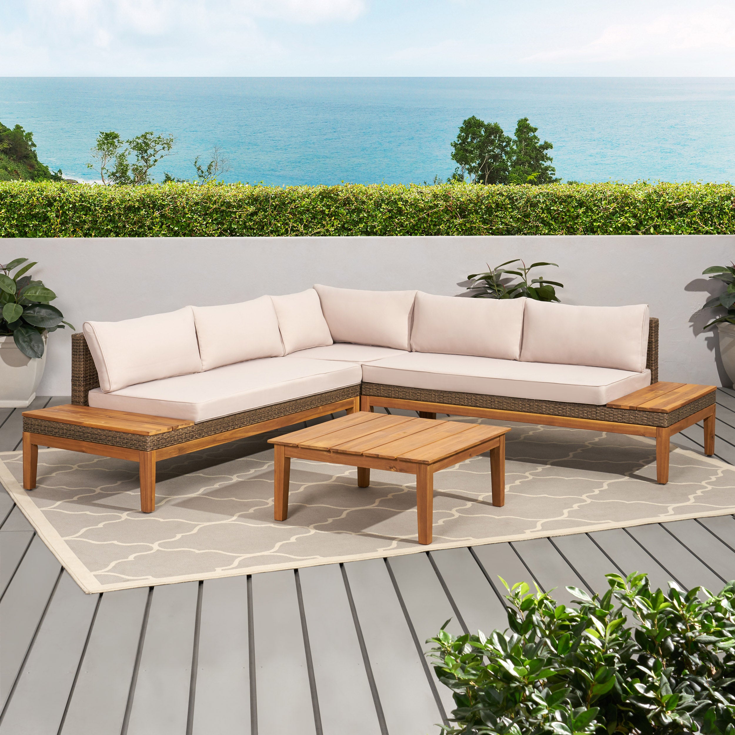 Emanuel Outdoor Acacia Wood and Wicker 5 Seater Sectional Sofa Set with Water-Resistant Cushions