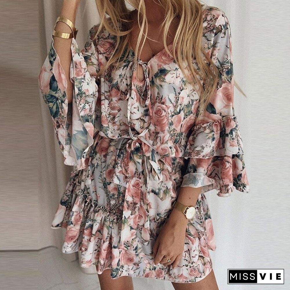 Spring And Summer Chiffon Boho Dress Temperament Commuter Pink Pullover Thin Cotton Mid-waist Dress