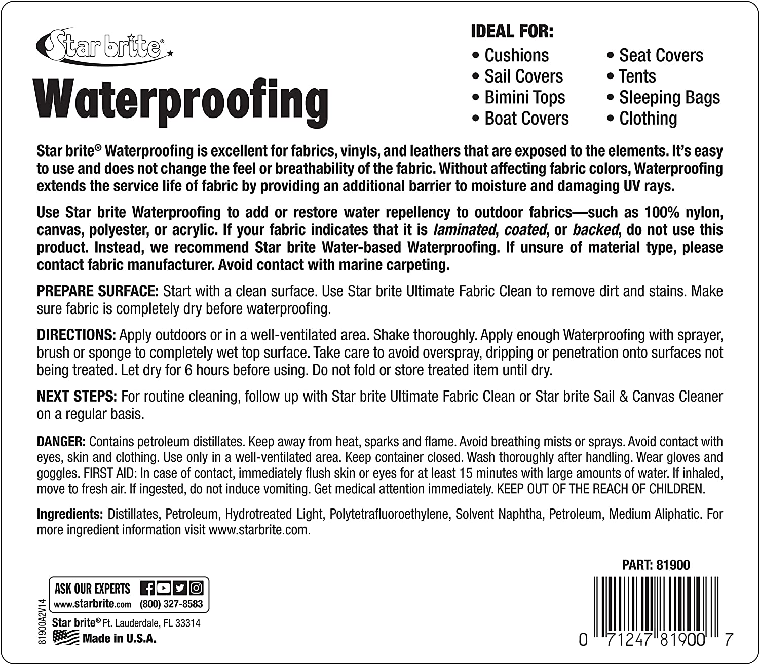 Waterproofing Spray， Waterproofer + Stain Repellent + UV Protection for Boat Covers， Car Covers， Bimini Tops， Tents， Jackets， Backpacks， Boots， Awnings， Patio Covers and More