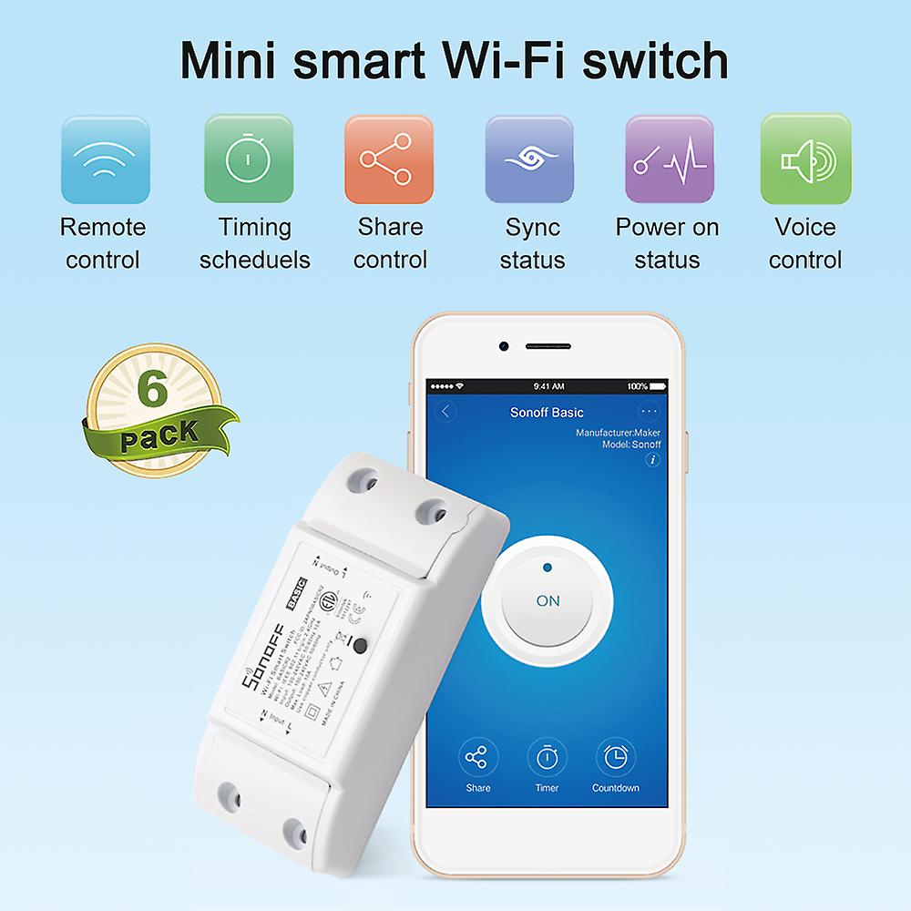 6pcs Sonoff Basic Wifi Switch Works With Alexa For Google Home Timer 10a/2200w Wireless Remote Switch For Android/ios App Control For Electric Applian