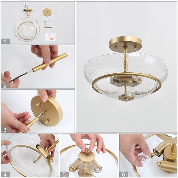 Modern Gold 3-light Semi-flush Mount Bowl Seeded Glass LED Dimmable Ceiling Lights - D12'' * H9''