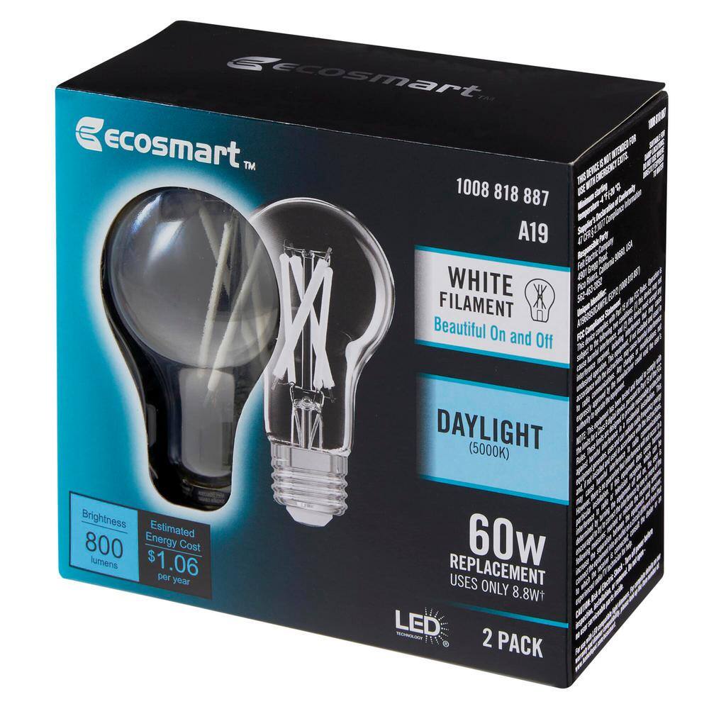 EcoSmart 60-Watt Equivalent A19 Dimmable White Filament CEC Clear Glass LED Light Bulb Daylight (2-Pack) A1960950CAWFILECP2