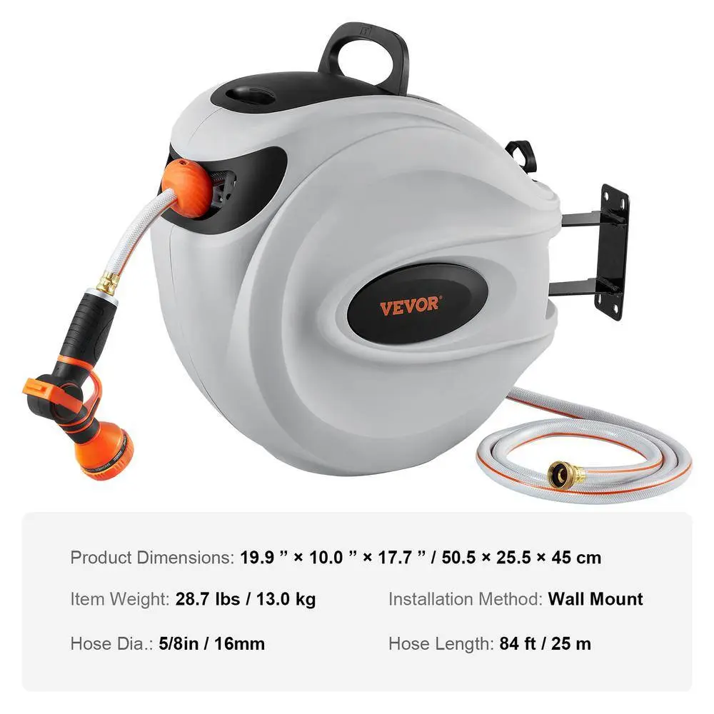 VEVOR Retractable Hose Reel 58 in. Dia x 84 ft. Garden Water Hose Reel w9-Pattern Nozzle 180 Swivel Bracket Wall-Mounted KSSJGQHTSH84FX14OV0