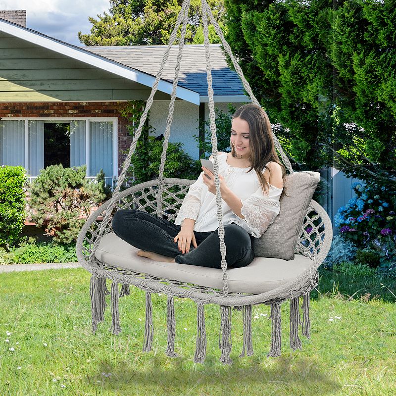 2 Person Hanging Hammock Chair with Cushion Macrame Swing-Gray