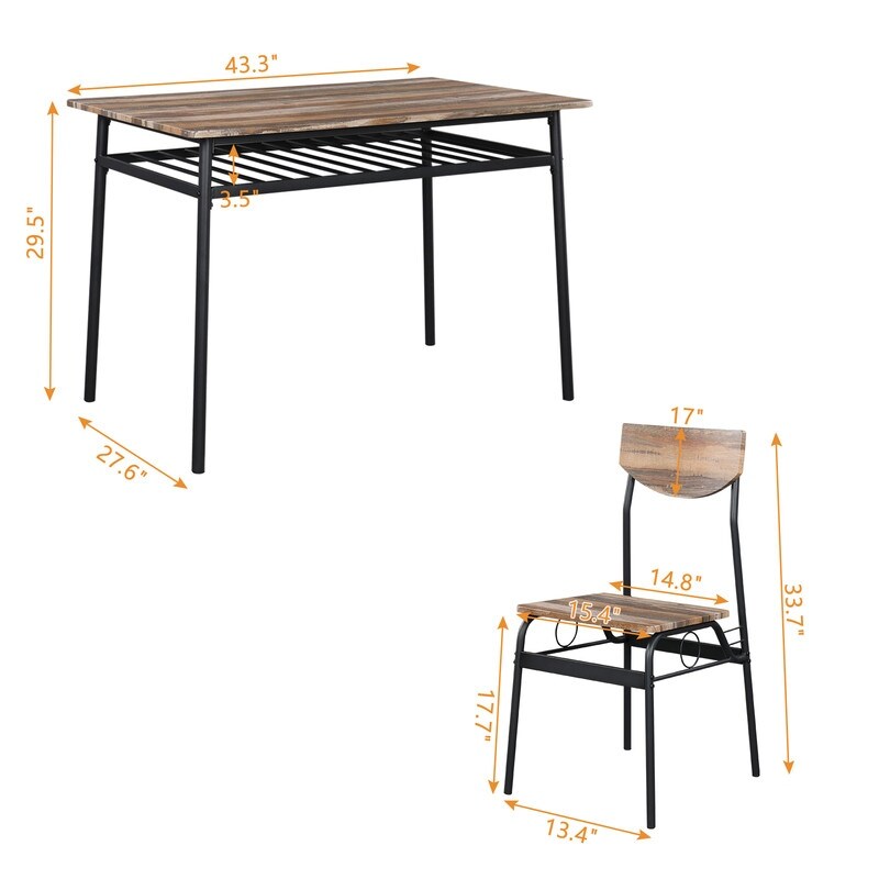 Rectangular Iron Compartment Dining Set with Table 4 Chairs Wood Color