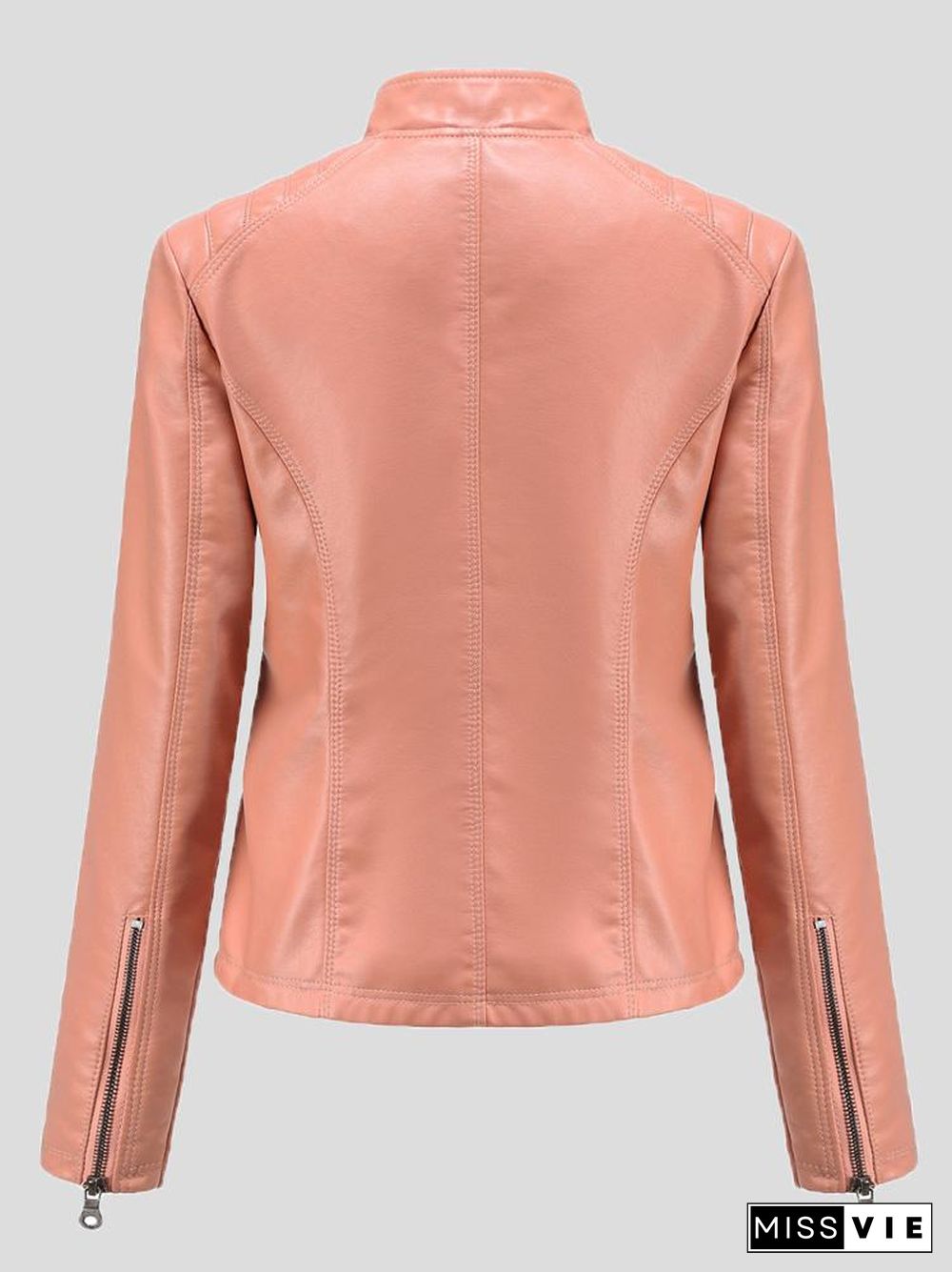 Women's Jackets Casual Stand-Collar Slim Solid Leather Jacket