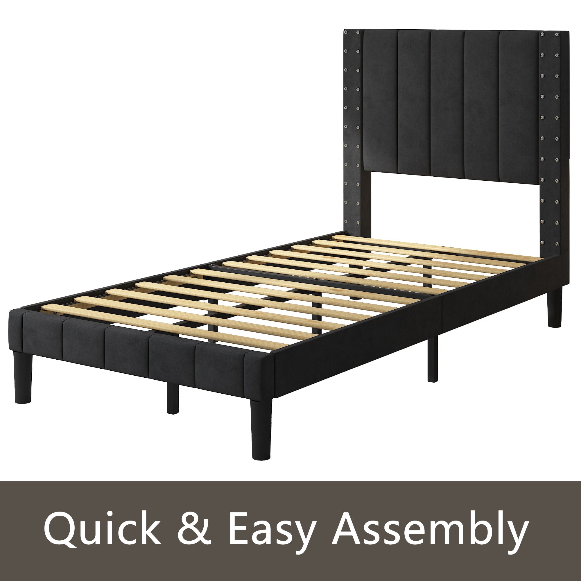 uhomepro Modern Upholstered Platform Twin Bed Frame with Headboard, Heavy Duty Black Twin Bed Frame with Wood Slat Support, Mattress Foundation for Adults Kids, No Box Spring Needed