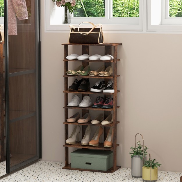 Tangkula 7 tier Double Rows Shoe Rack Vertical Wooden Shoe Storage Organizer Rustic Brown white