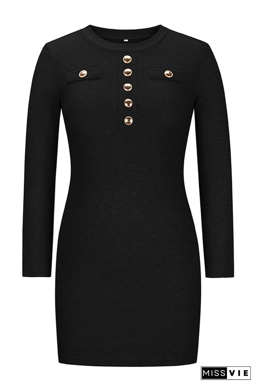 Button Rib Slim Fit Long Sleeves Dress