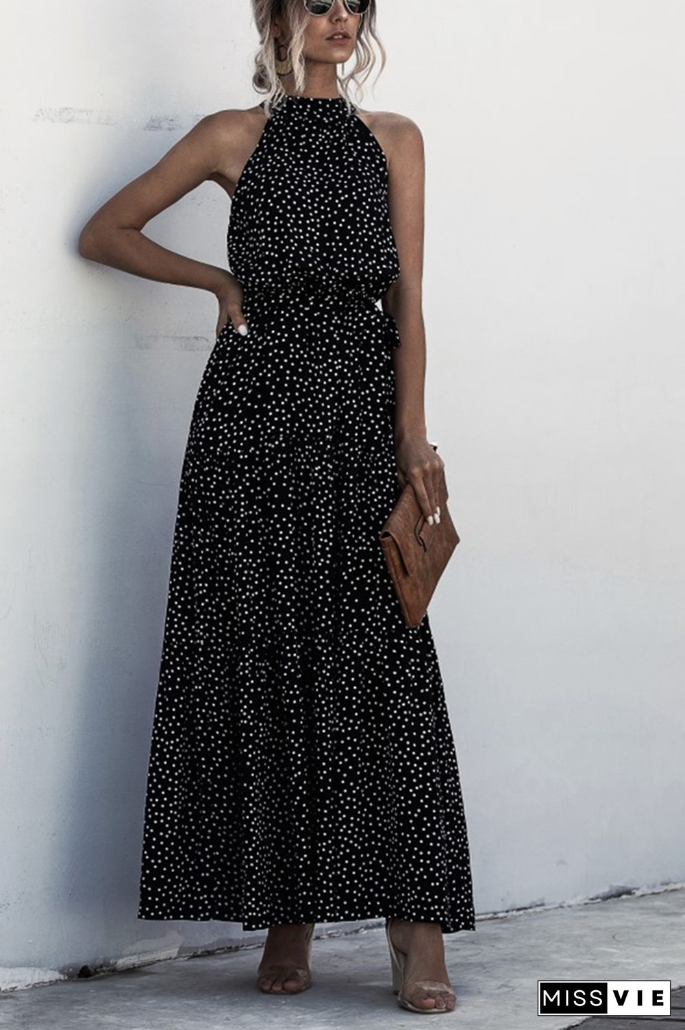 Halter Polka Dot Print Tie Waist Maxi Dress Wholesale