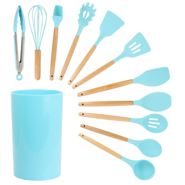 12 Piece Turquoise Silicone and Wood Cooking Utensils