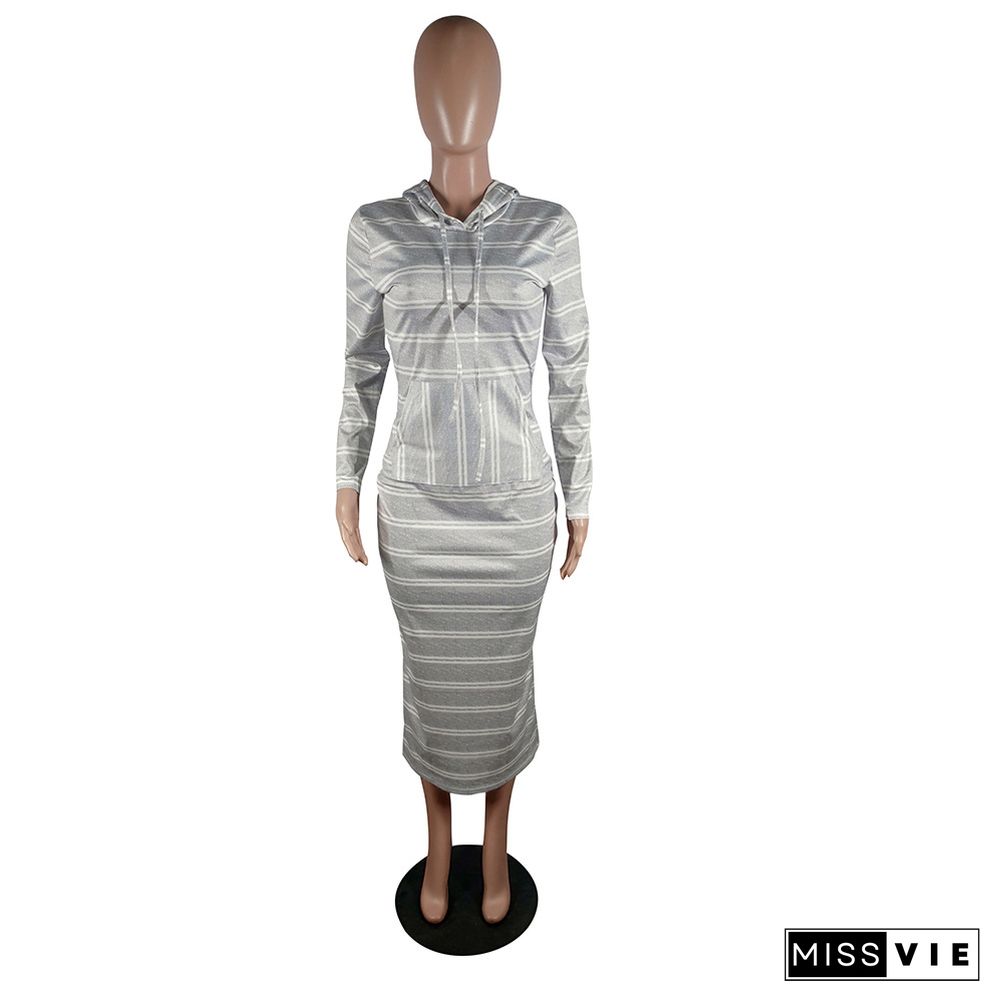 Casual Women Stripe Hoodies Ankle-length Dress