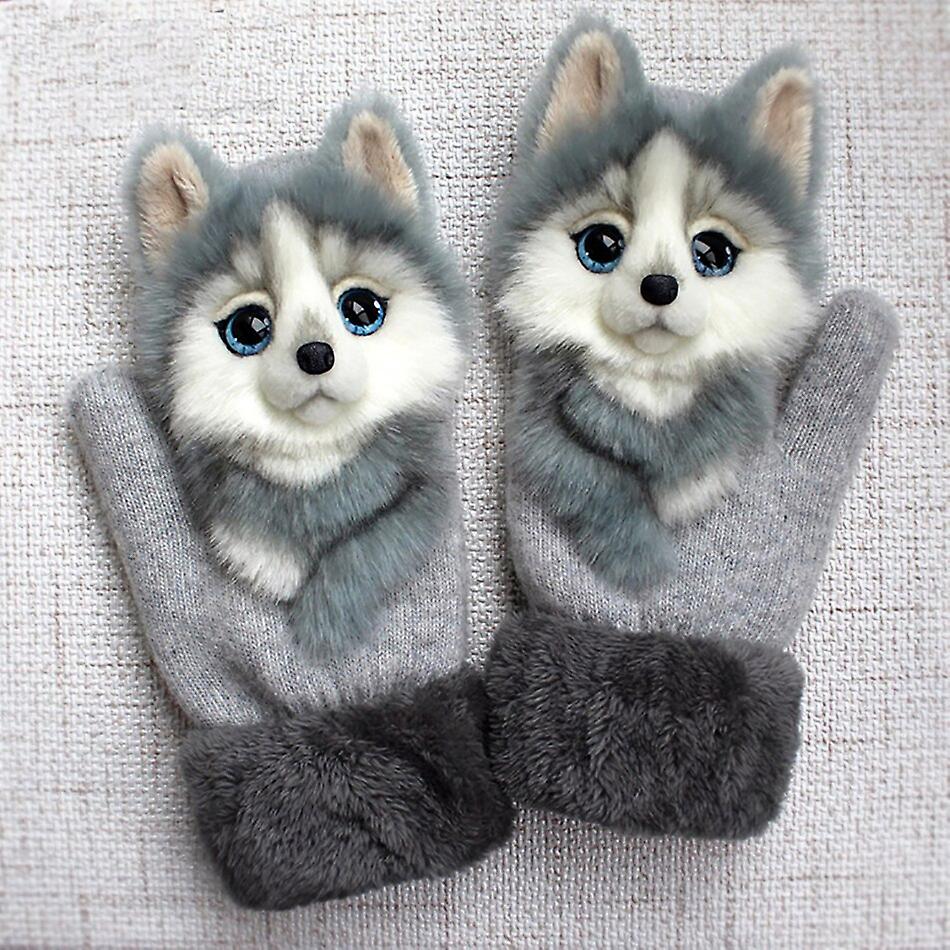 Winter Outdoor Thickened 3d Cartoon Dog Warm Gloves-a