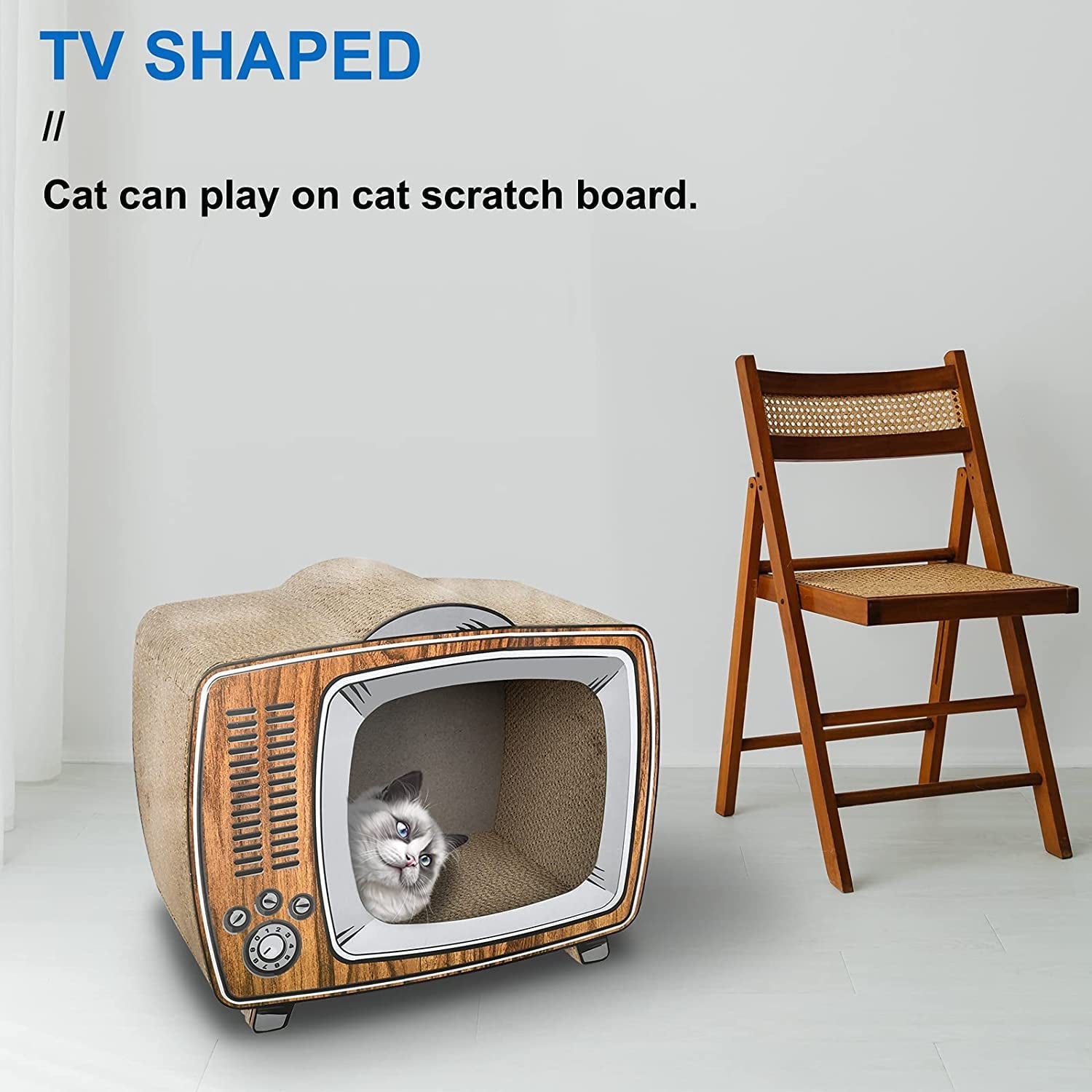 ScratchMe TV Cat Scratcher Cardboard Lounge Bed, Cat Scratching Board, Durable Board Pads Prevents Furniture Damage, Wood