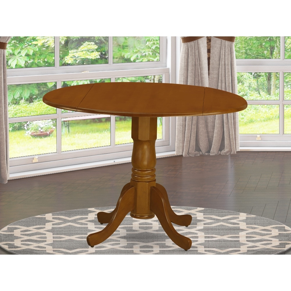 East West Furniture Dublin Kitchen Dining Table   a Round Wooden Table Top with Dropleaf   Pedestal Base  (Finish Options)