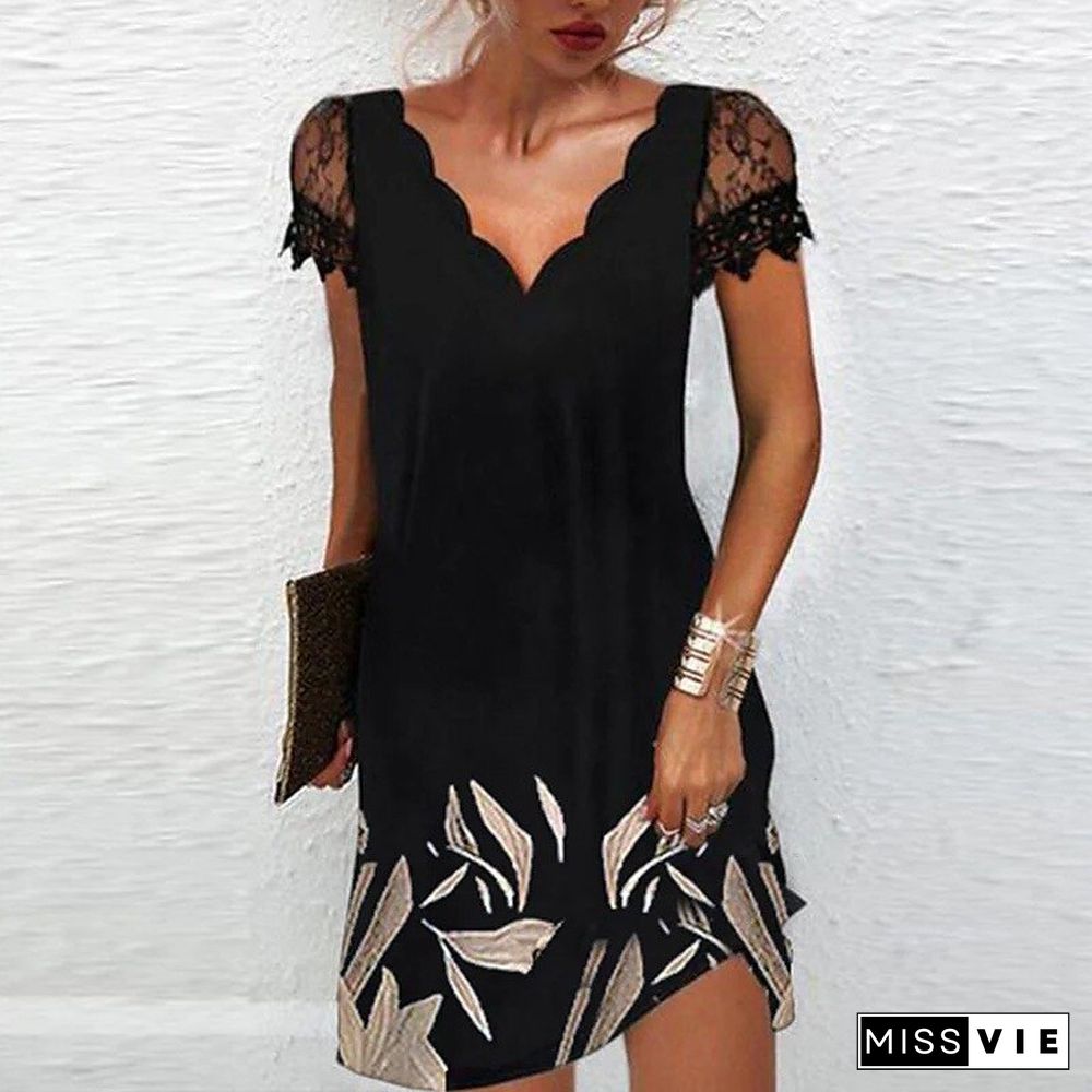 Summer Women's Casual Short Sleeve Dress Mesh Positioning Printed Lace V-Neck Beach Dress