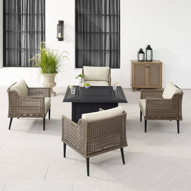 Southwick 5pc Outdoor Wicker Conversation Set With 4 Arm Chairs amp Dante Fire Table Cream light Brown Crosley